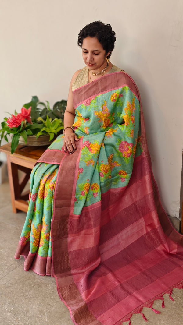 Green floral printed tussar silk saree