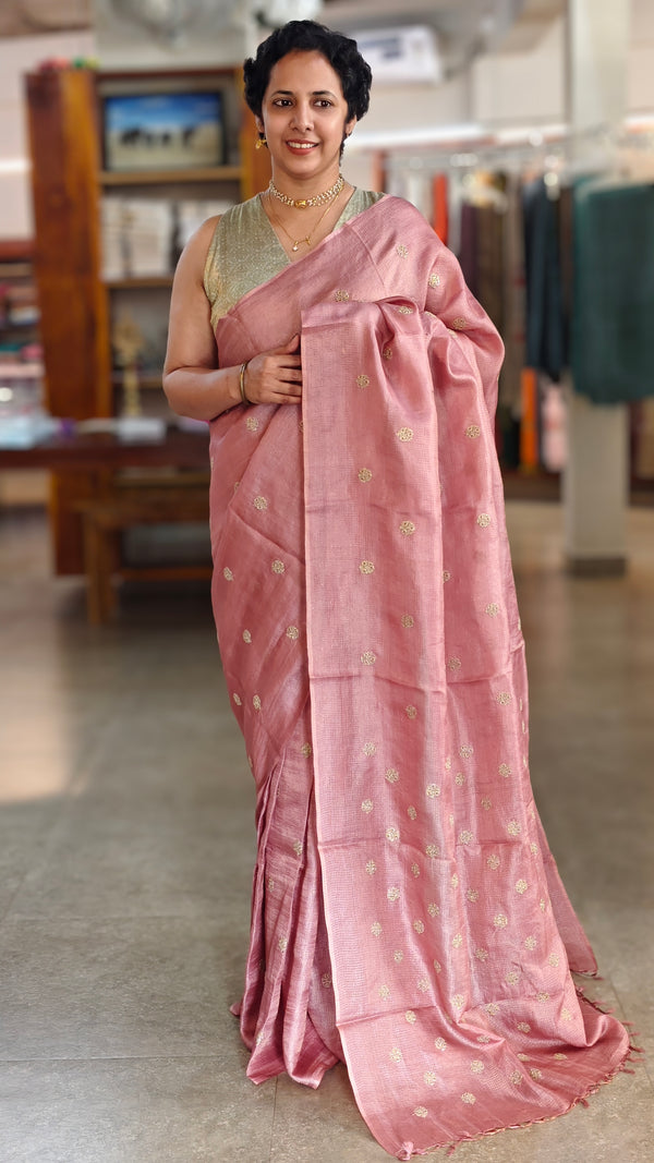 Light onion pink checked tussar silk saree - NZ91