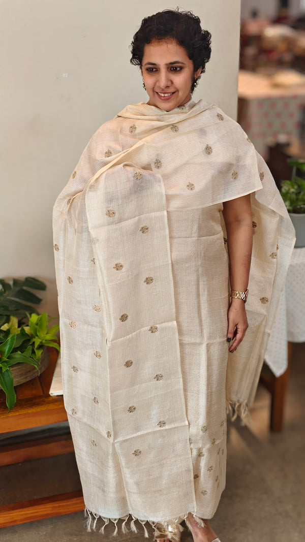 Cream checked tussar embroidered suit - 81NZ