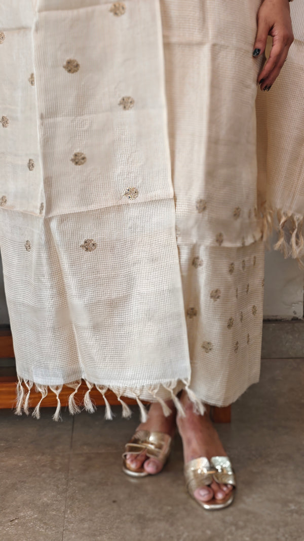 Cream checked tussar embroidered suit - 81NZ