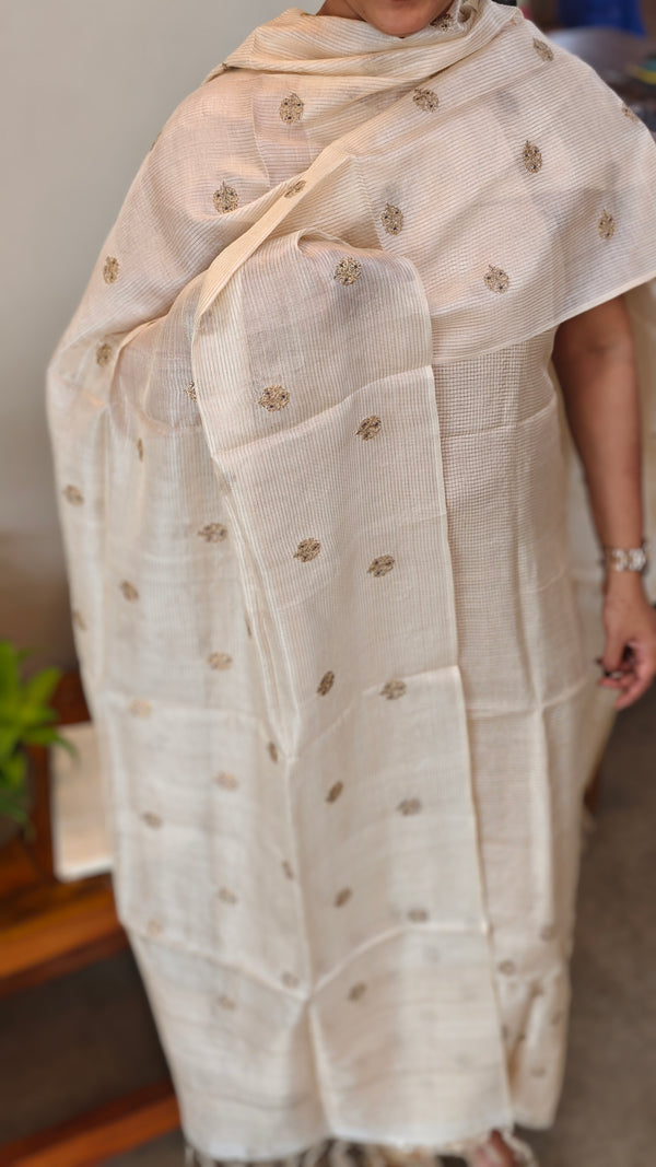 Cream checked tussar embroidered suit - 81NZ