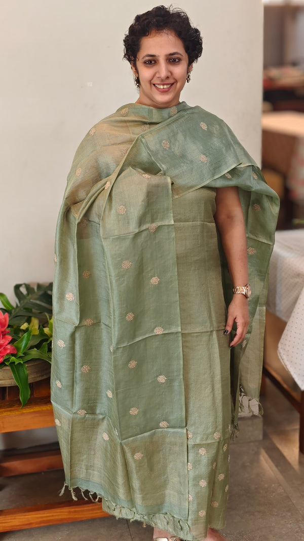 Sage green embroidered check tussar suit - 81NZ