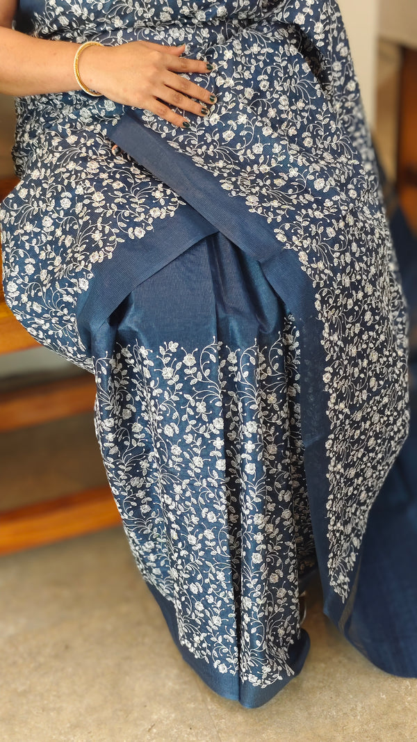 Navy blue embroidered tussar silk saree - KJ87
