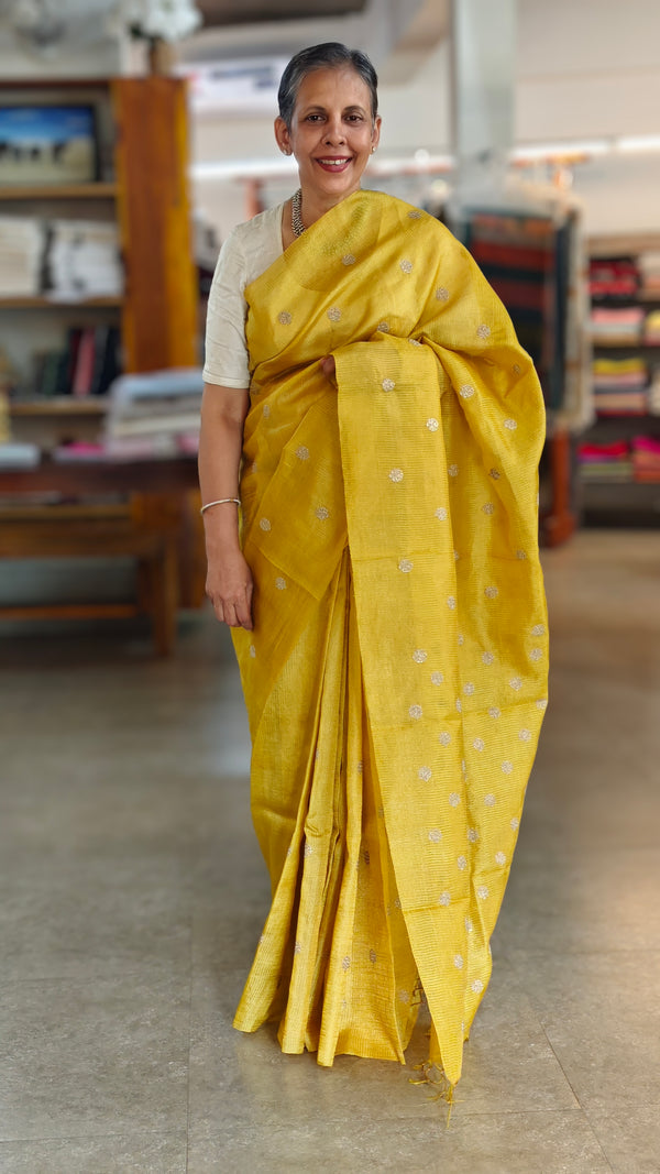 Mustard yellow checked tussar silk saree - NZ91