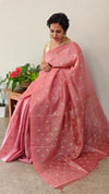 Blush pink checked tussar silk saree - NZ91