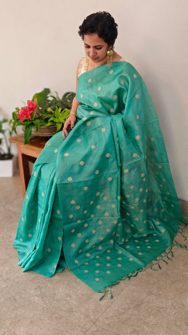Turquoise green checked tussar silk saree - NZ91
