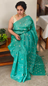 Turquoise green checked tussar silk saree - NZ91