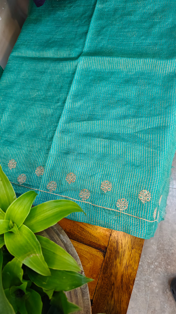 Turquoise green checked tussar silk saree - NZ91