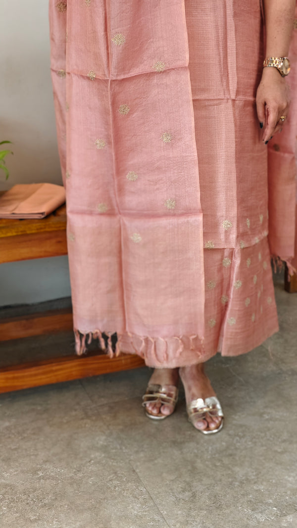Dusty peach embroidered checked tussar silk suit - 81NZ