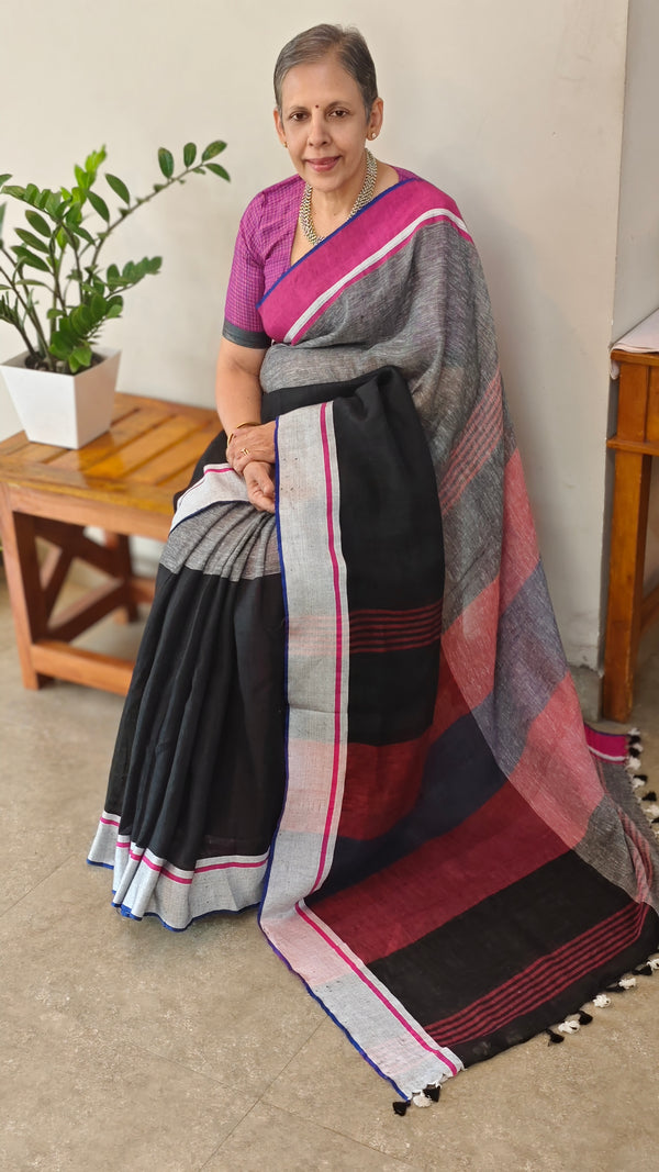 Black and grey linen cotton saree