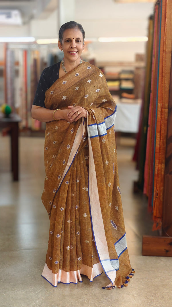 Deep mustard linen cotton saree