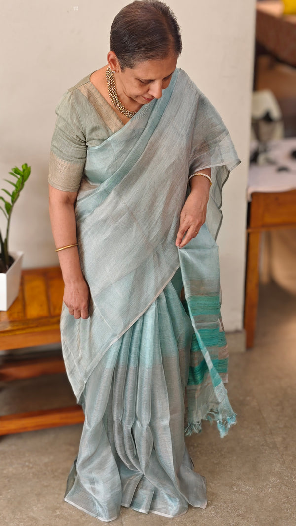 Light and dark teal blue tissue silk saree - 2M83