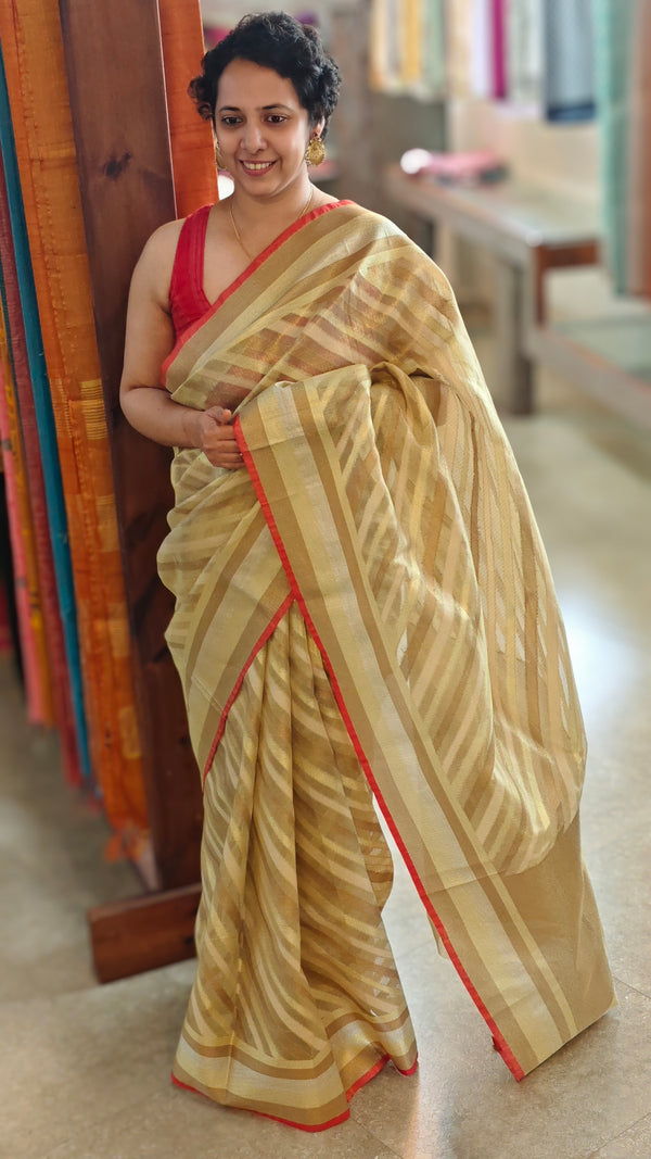 Golden and beige tissue silk saree