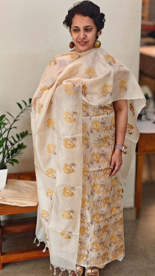 Cream embroidered tussar silk suit - LY62