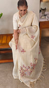 Cream linen tissue hand embroidered saree