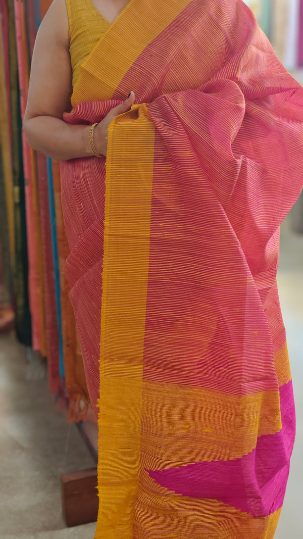 Pink and mustard kora silk saree
