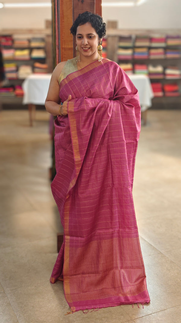 Dark pink checked desi tussar silk saree