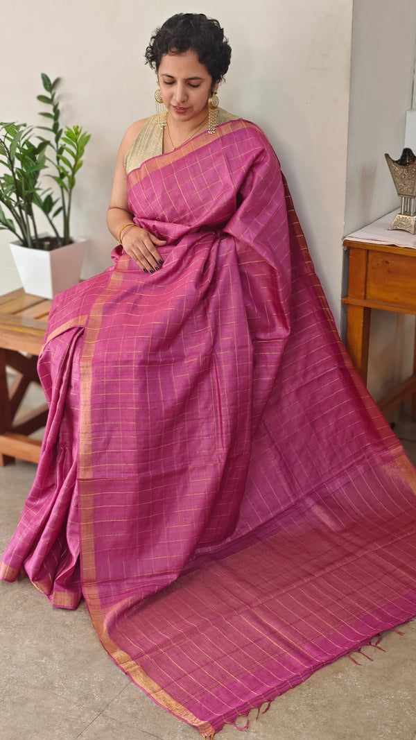 Dark pink checked desi tussar silk saree