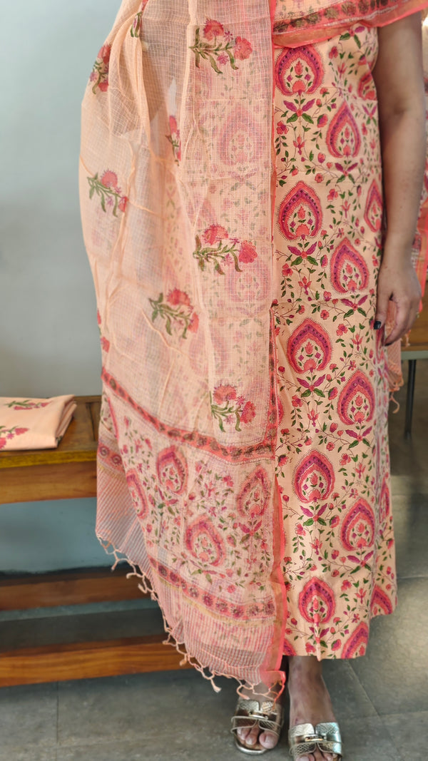 Peach and pink printed cotton suit