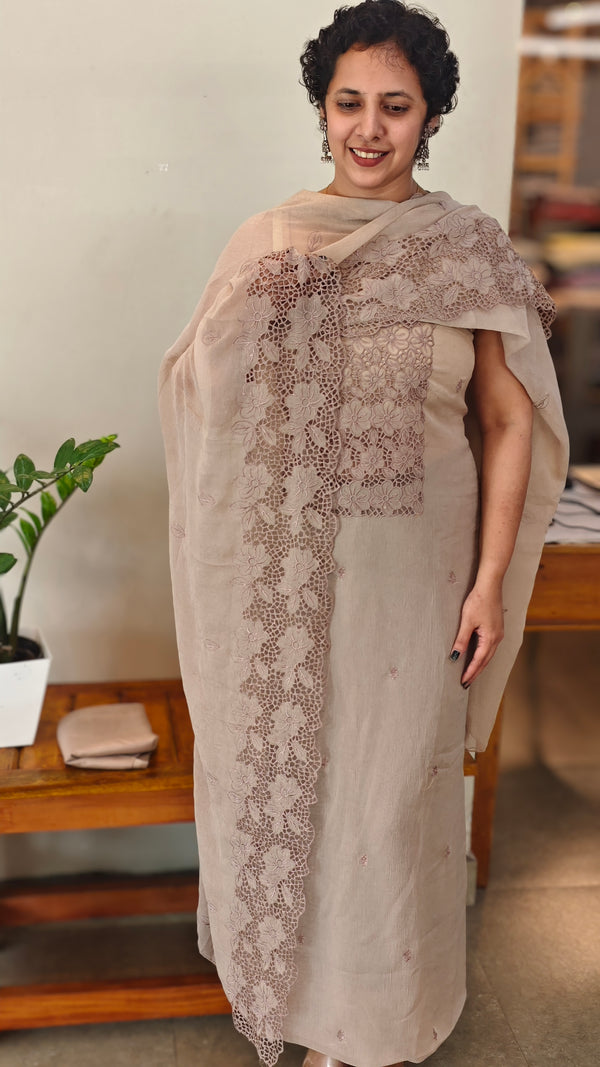 Taupe cutwork embroidered suit - C632