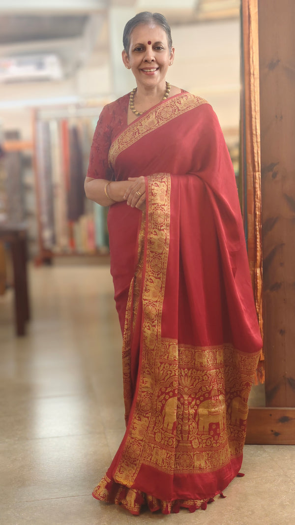 Dark red banarasi modal silk saree