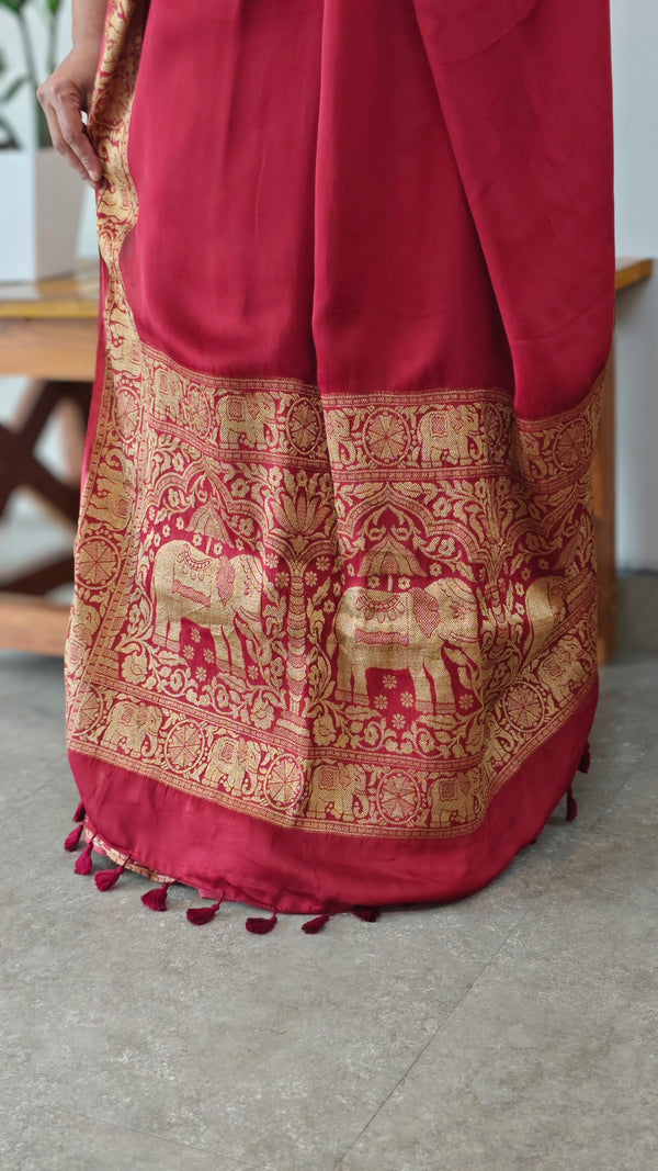 Dark red banarasi modal silk saree