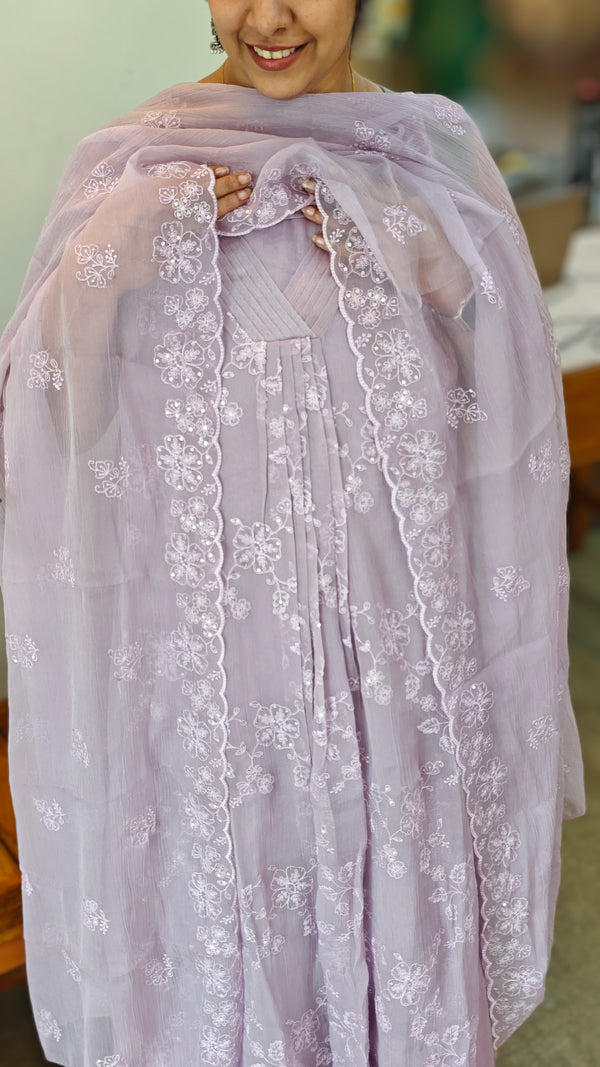 Lavender crushed organza pleated suit - V842
