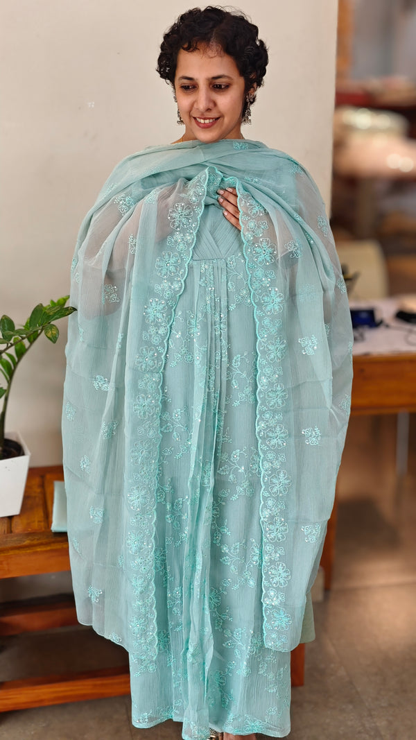 Aqua Green crushed organza pleated suit - V842