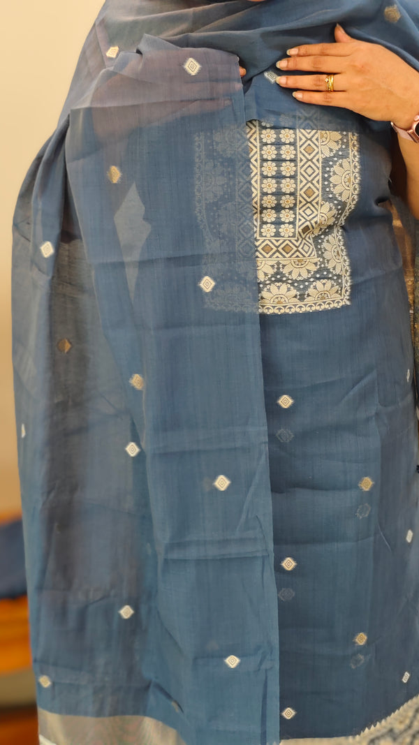 Indigo linen chanderi jamdani suit - SC54 - D1