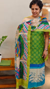 Kalamkari tussar silk suit in green and blue