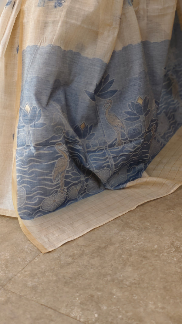Light beige and blue linen chanderi saree