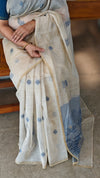 Light beige and blue linen chanderi saree