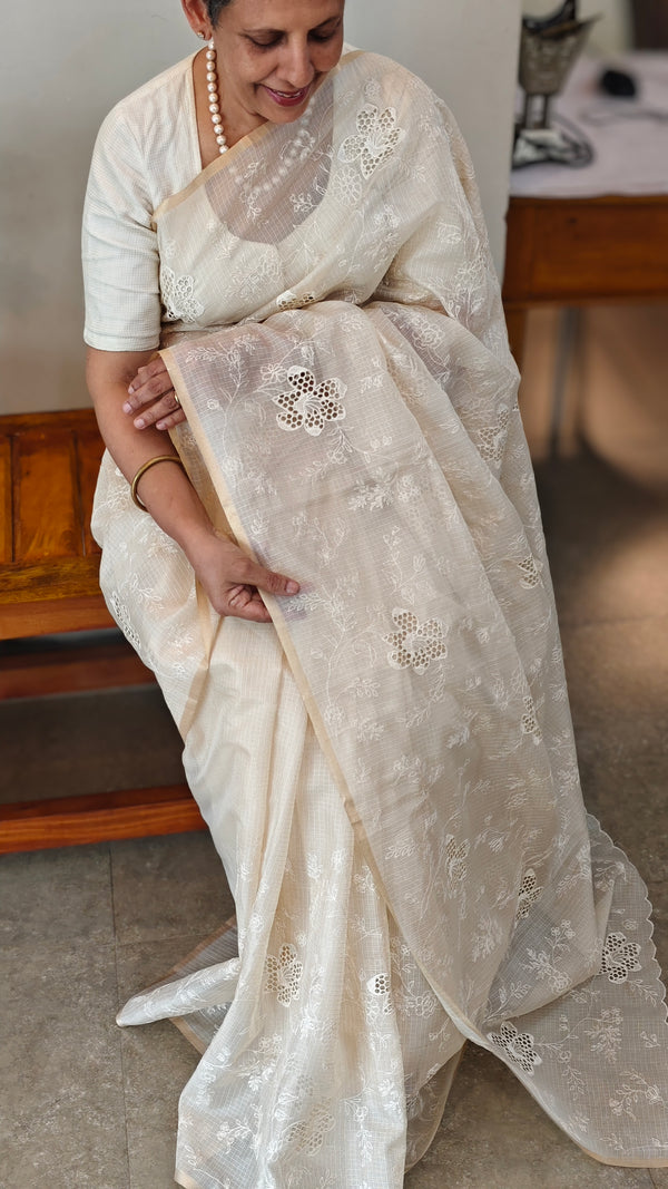 Cream shade silky kota saree with cutwork - NNF2