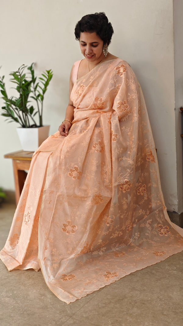 Peach shade silky kota saree with cutwork - NNF2