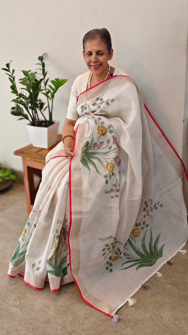 Off white base linen tissue saree - Hand painted- Lilac and mustard flowers - 6DE3