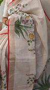 Off white base linen tissue saree - Hand painted- Lilac and mustard flowers - 6DE3