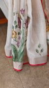 Off white base linen tissue saree - Hand painted- Lilac and mustard flowers - 6DE3
