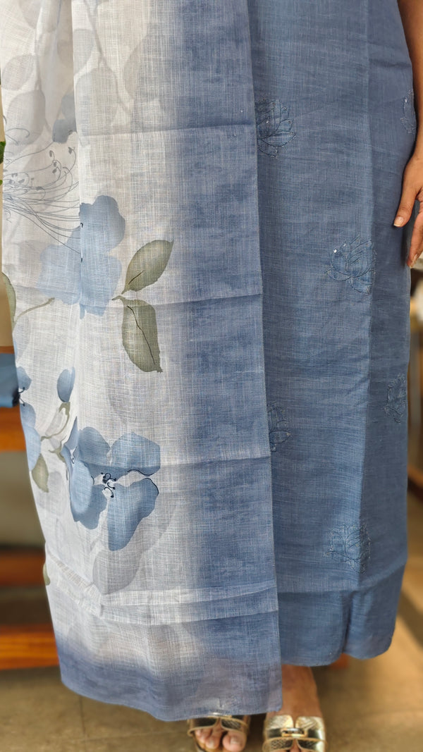 RH64 - Blue applique embroidered linen cotton suit