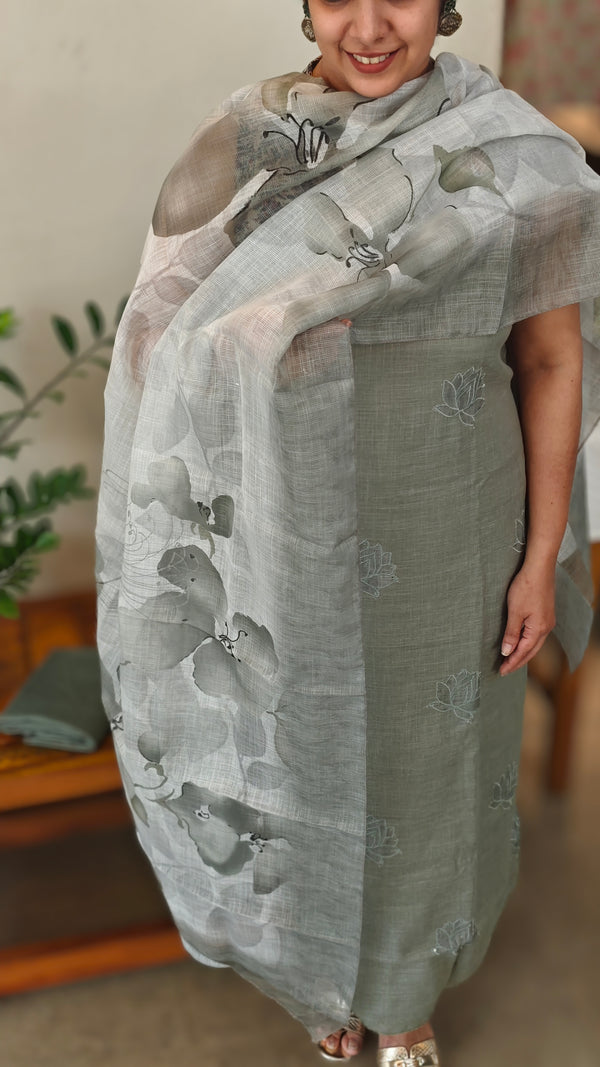 RH64 - Sage green applique embroidered linen cotton suit