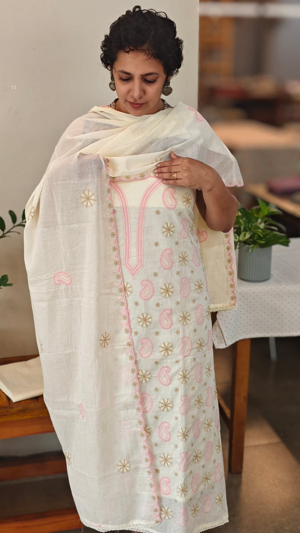 Off white and pink embroidered cotton suit