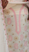 Off white and pink embroidered cotton suit