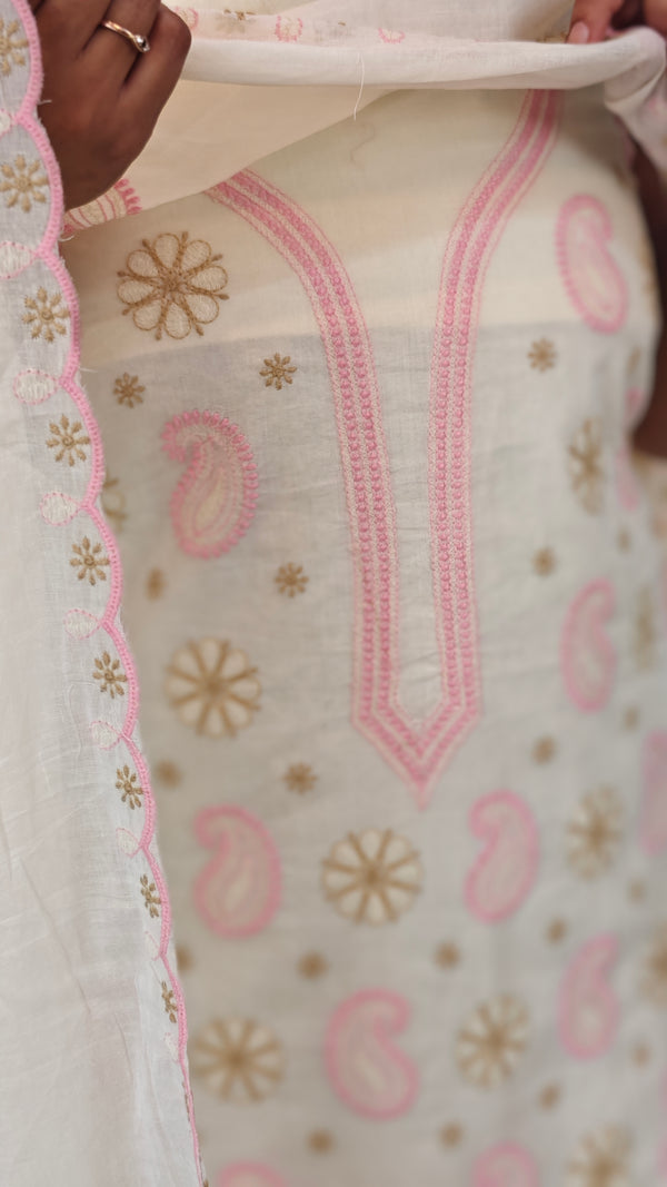 Off white and pink embroidered cotton suit