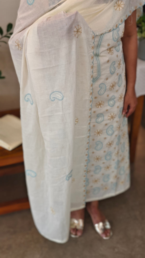 Off white and blue embroidered cotton suit
