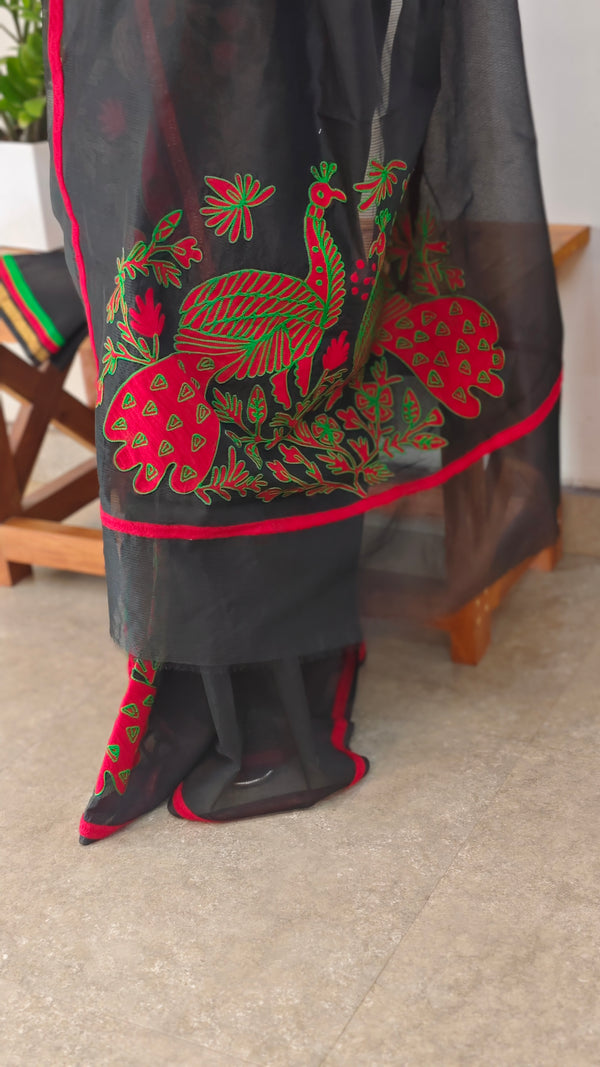Black embroidered net kota saree