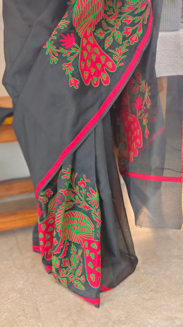 Black embroidered net kota saree