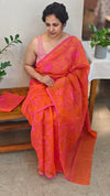Orange and pink embroidered net kota saree