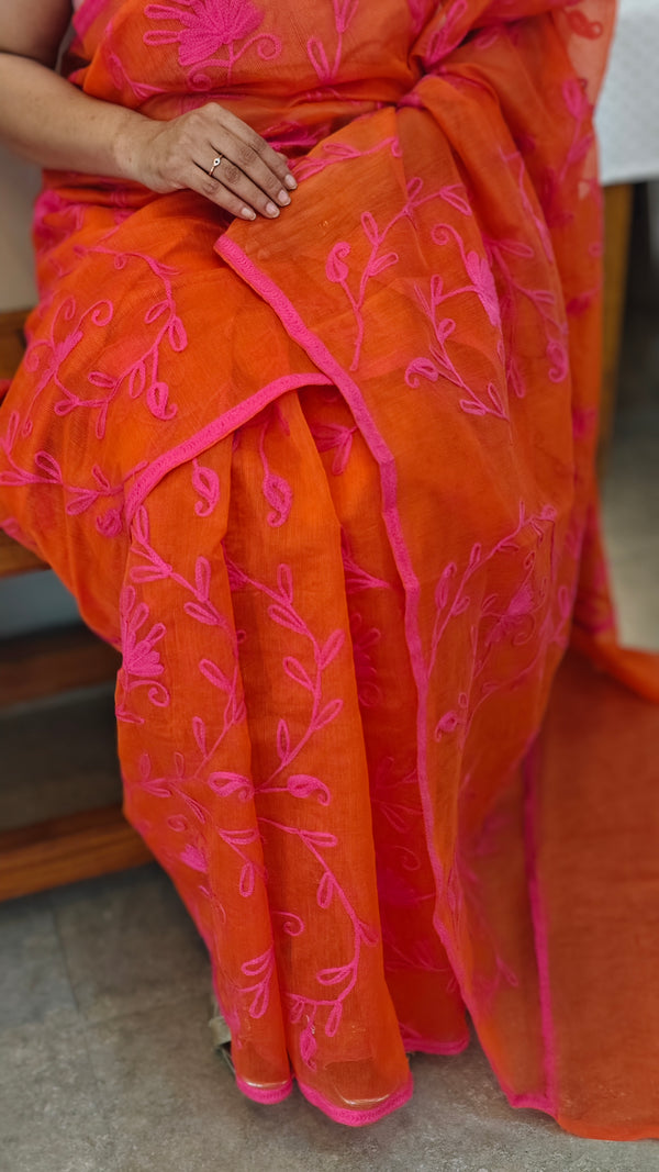Orange and pink embroidered net kota saree
