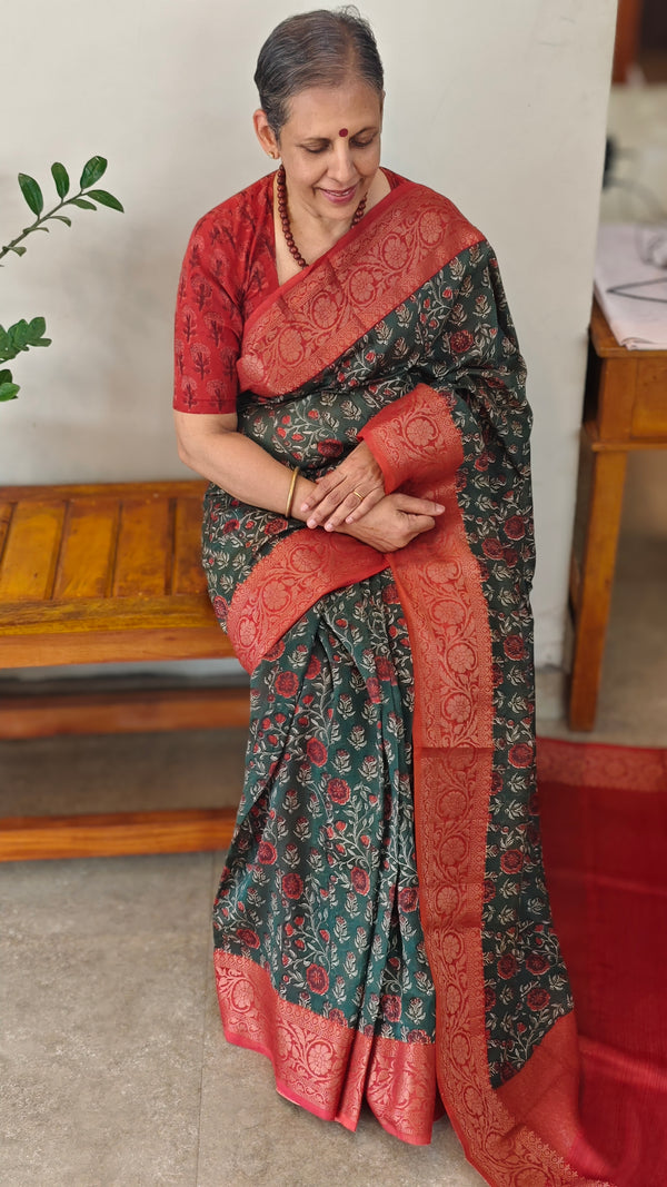 Green and red chanderi banarasi silk saree