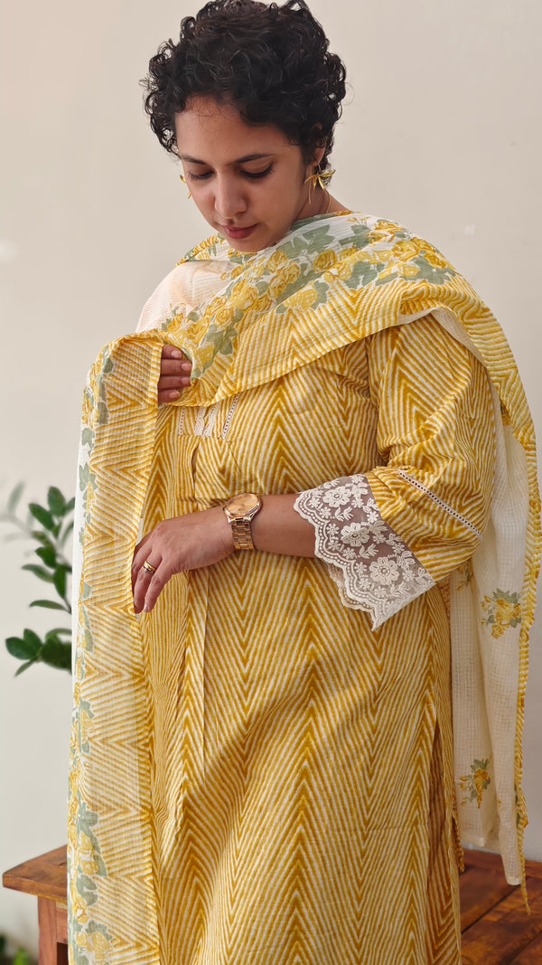 Yellow printed cotton kurti set