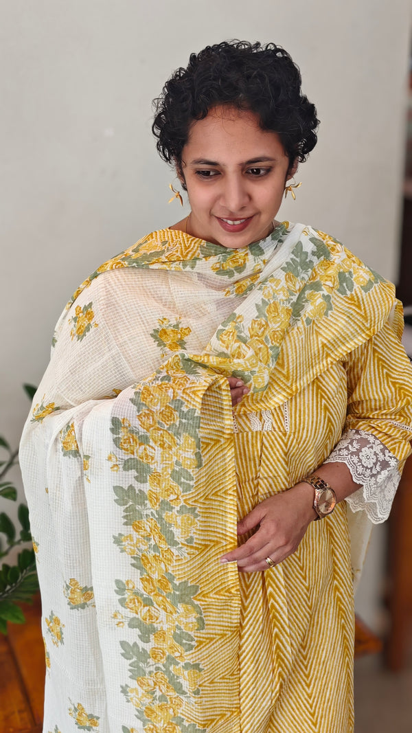Yellow printed cotton kurti set